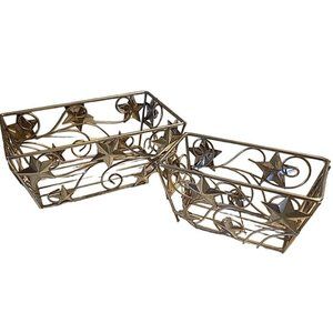 2 Star Themed Metal Baskets Set Rectangle Silver-tone Patriotic Party Storage